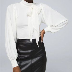 New W/Tags White House Black Market White Blouse w/Bow Collar & Statement sleeve